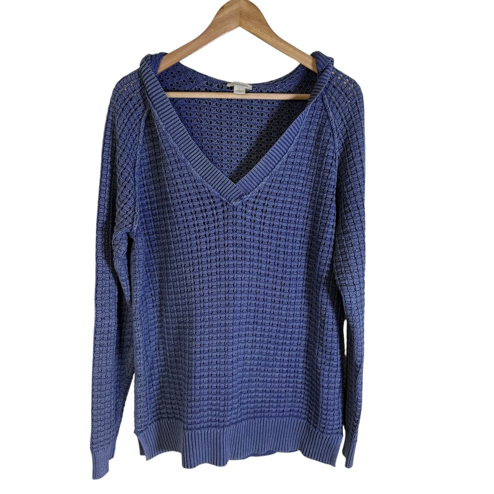 Sundance Hooded Sweater Womens Large Blue Excellent Waffle Knit Cotton V-Neck